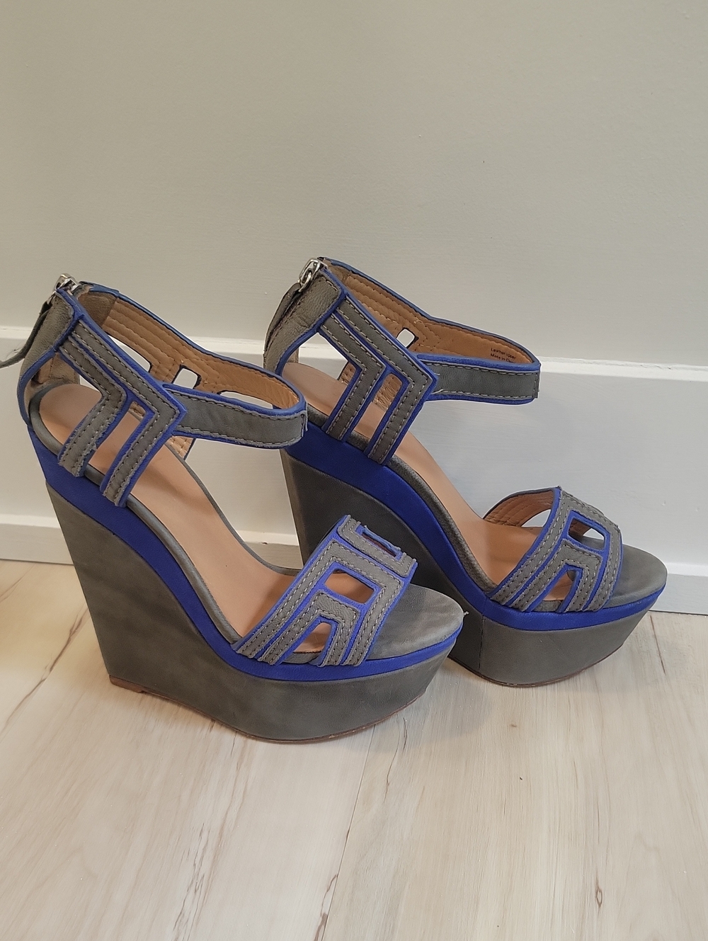 L.A.M.B. Gray and Blue Wedge Sandals